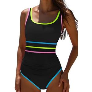 popvil One Piece Swimsuit Tummy Control Womens Bathing Suits Modest Curvy Neon Sexy Sport Swimwear, M