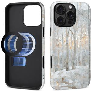 Case for iPhone 16 Pro Max [Compatible with MagSafe], Matte Soft Silicone + Hard PC Anti-Scratch Shockproof Protective 2-in-1 Case for Women Men - Winter Trees Stained Glass Snowy Forest