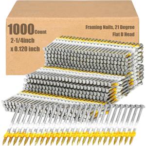 Therwen 1000 Count 2-1/4 Inch x 0.120 Inch Framing Nails, 21 Degree, Flat D Head, Galvanized, Ring Shank, Plastic Row Fixed, 21 Degree Framing Nails for Use in All Pressure Treated Lumber