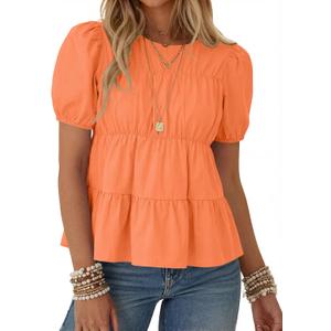 Rapbin Womens Puff Short Sleeve Babydoll Tops Summer Peplum Pleated Cotton T Shirts Casual Loose Fit Flowy Blouses, XXL