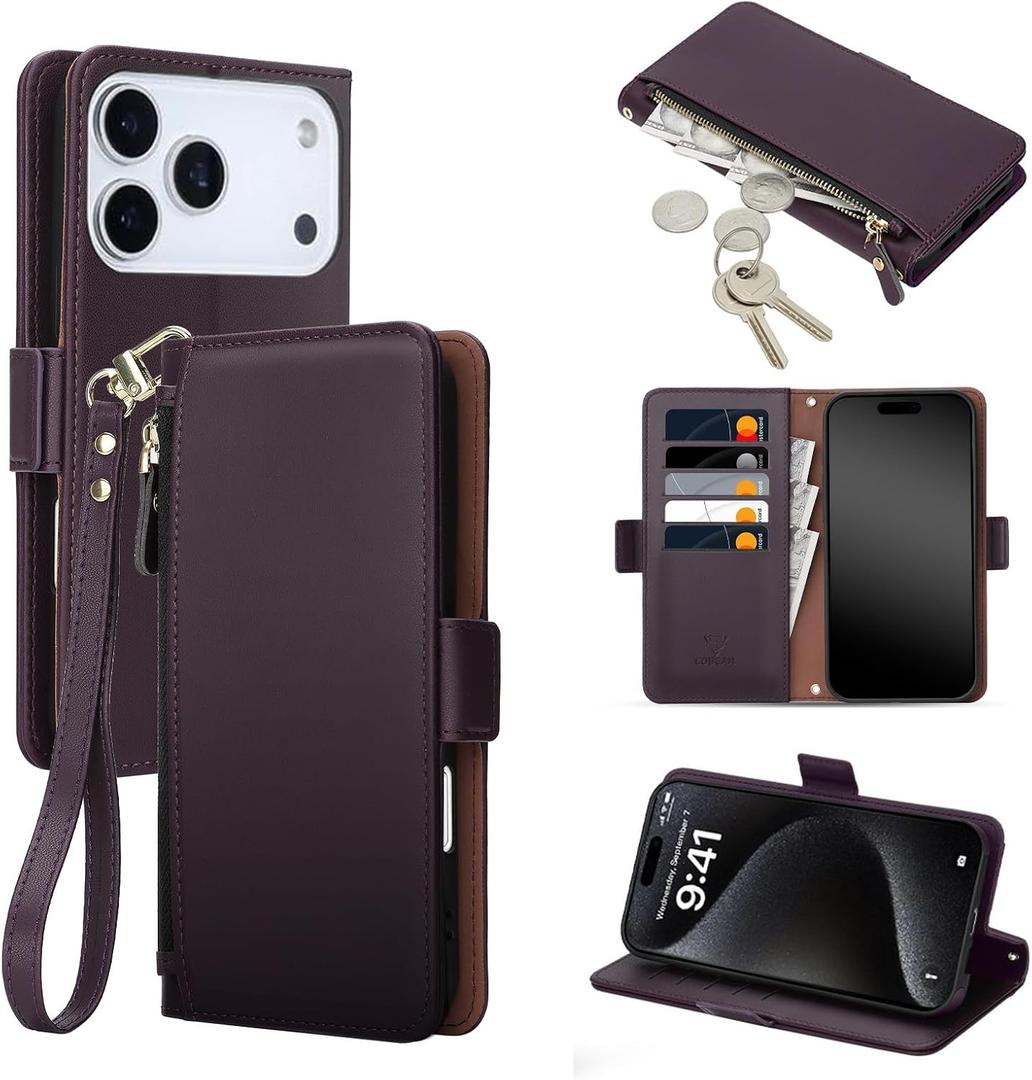 COBEAR for iPhone 18/17 Pro Case Wallet, Pu Leather Flip Phone Case with Wrist Strap, Zipper Pocket, Kickstand, Women Men Phone Wallet Case with Card Holder for iPhone 18/17 Pro,Purple