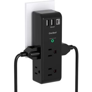 Surge Protector Outlet Extender with Rotating Plug, One Beat 6 AC Multi Plug Outlet with 3 USB Ports (1 USB C), 1800 Joules, 3-Sided Swivel Power Strip, Spaced Outlet Splitter for Dorm, Office, Black