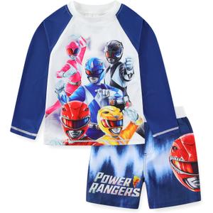 Power Rangers Boys UPF 50+ Rash Guard and Swim Trunks for Big Kids (Blue/White). Size 7/8