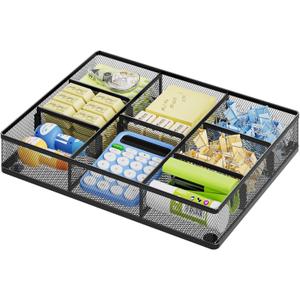 Marbrasse Desk Drawer Organizer, Metal Mesh Drawer Organizer Tray with 5 Adjustable Compartments, Desk Organizers and Accessories for Home, Office, Kitchen, Makeup, Vanity (Black)