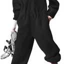 Yousify Womens Fleece Jumpsuits Onesie Winter Warm Overalls Casual Loose Ladies Ski Suit Outfits with Pockets (Medium, Black)