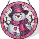 Pink Snowman Christmas Stained Glass Window Hanging Suncatcher, Winter Snowman Sun Catcher Indoor Window Decor, Christmas Holiday Painted Glass Round Wall Hanging Decorations, 7.8x7.8 in