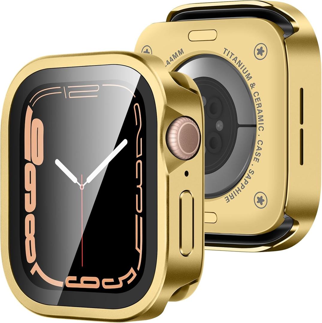 Amizee Metal Case Compatible with Apple Watch SE 3/2/1 Series 6/5/4 44mm Case with Built-in Screen Protector, Straight Edge Ultra Thin with Back Cover Protective Cover for iWatch 44mm, Gold