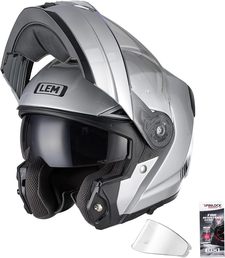 LEM Modular Motorcycle Helmets Fiberglass, Full Face Motorcycle Helmet Flip Up for Touring, DOT Certified, Release Sun Visor & Removable Comfort Liner, Lightweight Street Bike Helmet (Silver, XL)