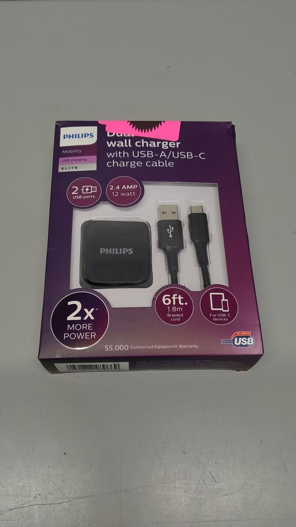 Philips Dual USB Wall Charger w/USB-A/USB-C Charge Cable (DLP6212C/37)