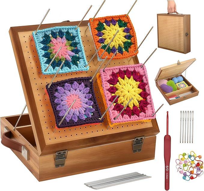 BROWNKNOT 11.4'' Crochet Blocking Board with Storage Drawer & Pegs, Grammy Square Bamboo Blocking Boards for Crochet Projects, Crocheting Accessories Gifts for Grandmothers, Crocheters