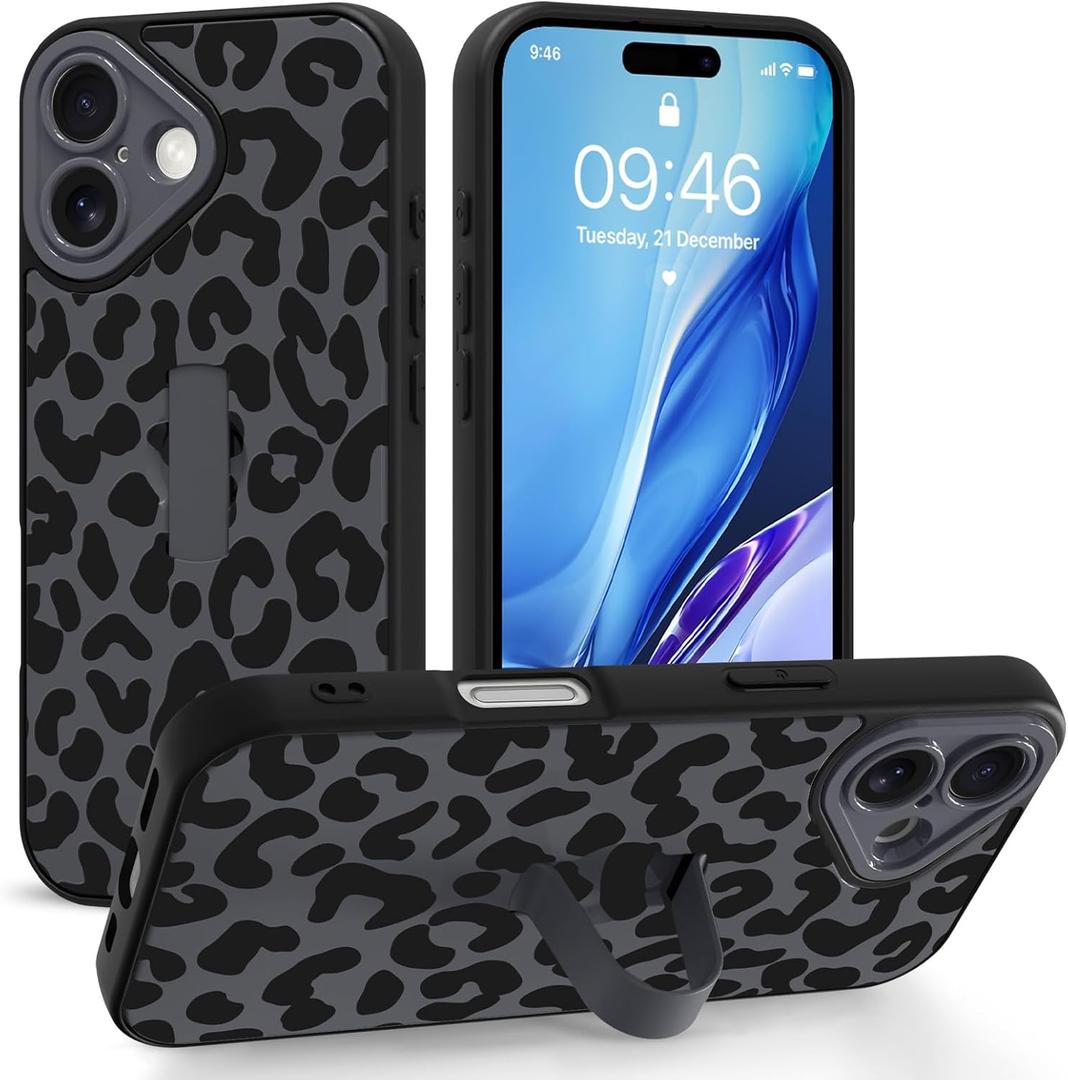 Compatible with iPhone 17 Case with Finger Hand Strap Kickstand, Trendy Cool Leopard Cheetah Print Phone Case for Women Men, Full Camera Protection Shockproof Protective Cover, Black