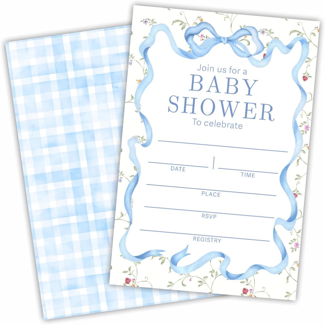 DYIRBIIY Baby Shower Invitations-Set Of 25 Blue Ribbon Bow & Wildflowers Fill-In Invites Cards With Envelopes-Baby Announcement Gender Reveal Party Supplies & Decoration (4'' X 6'')-A16