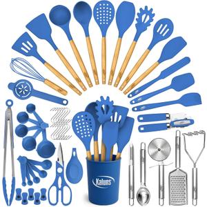 Kaluns 50 PCS Silicone Kitchen Utensils Set Complete Kitchen Set - 800F Heat Resistant Non-Stick Premium Cooking Utensils W Wooden Handles - Can Opener, Masher, Turner, Silicone Spatula Set (Blue)