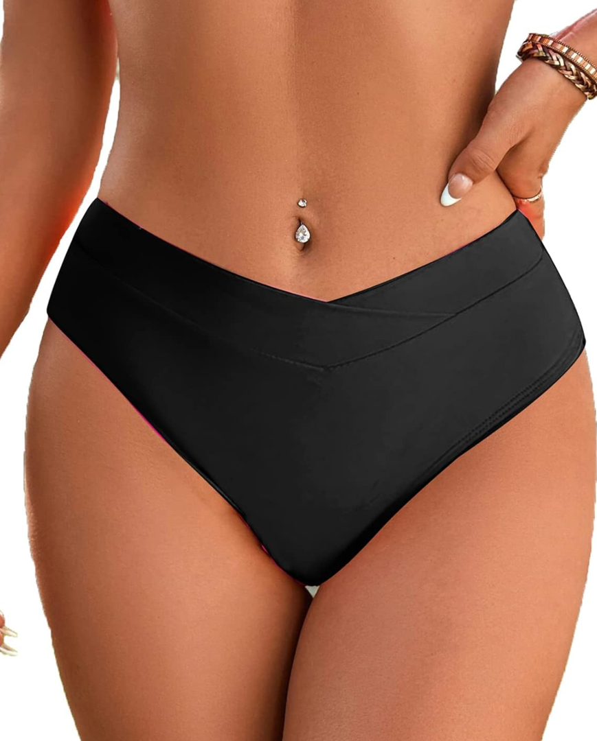 Fanuerg Women's Bikini Bottom Cross V Cut Front Swimsuit Full Coverage Bathing Suit Bottoms, Size L