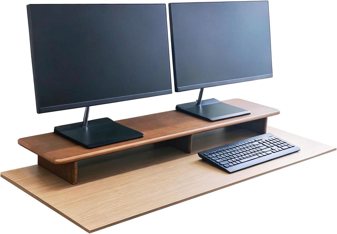 Solid Wood Dual Monitor Stand Riser Walnut Monitor Riser for Desk Wooden Desk Shelf Ergonomic Monitor Stand for Home Office, 45.28 x 9.06 x 3.94 inches