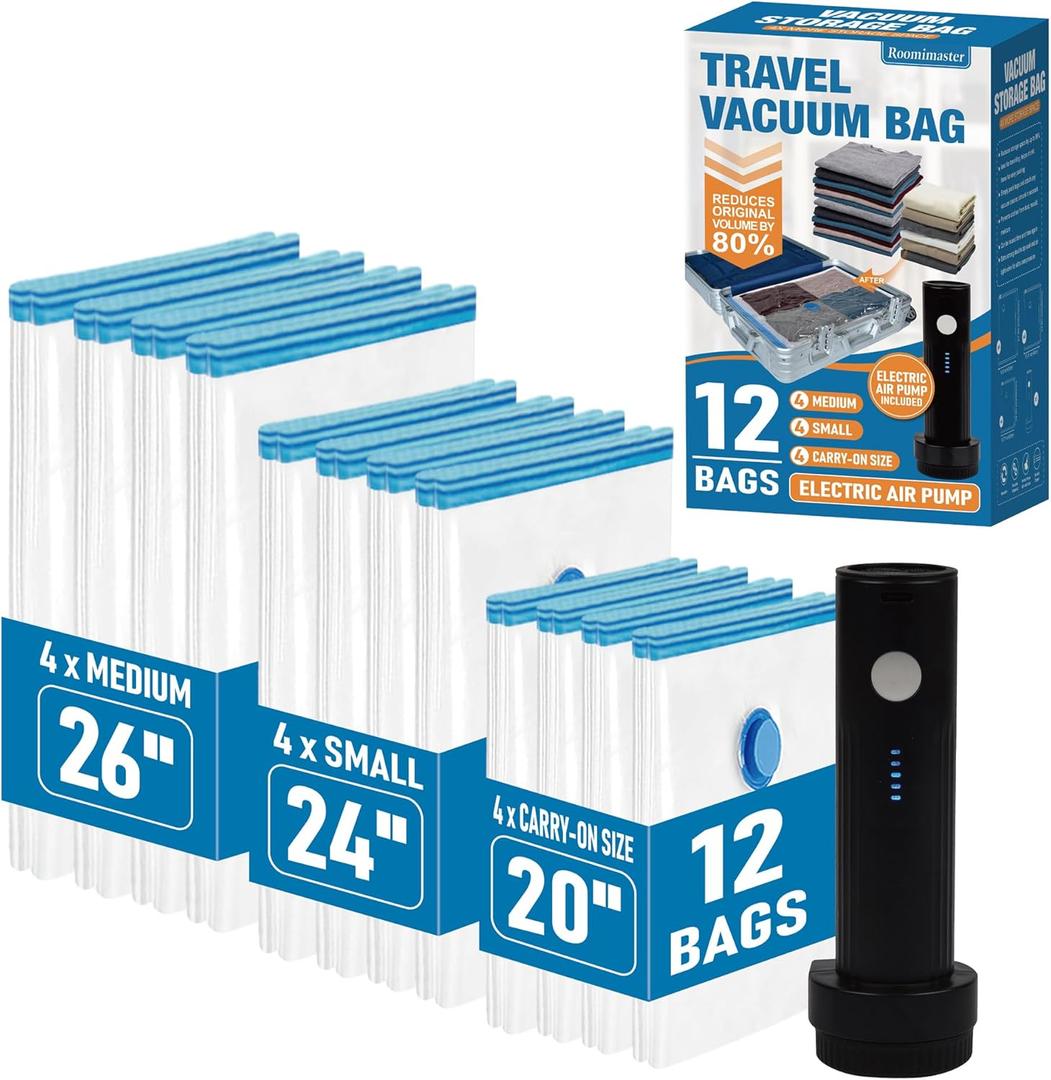 Vacuum Storage Bags, Vacuum Seal Space Saver Bags for Clothing, Travel Lugggage, Carry-on, Blankets, Comforters, Pillow, Bedding, 12 EPump