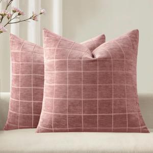 MIULEE Valentines Decorative Chenille Throw Pillow Covers Vintage Plaid Couch Pillows 18x18 Inch Set of 2 Boho Farmhouse Cushion Covers Modern Spring Home Decor for Sofa Bed Living Room Blush Pink
