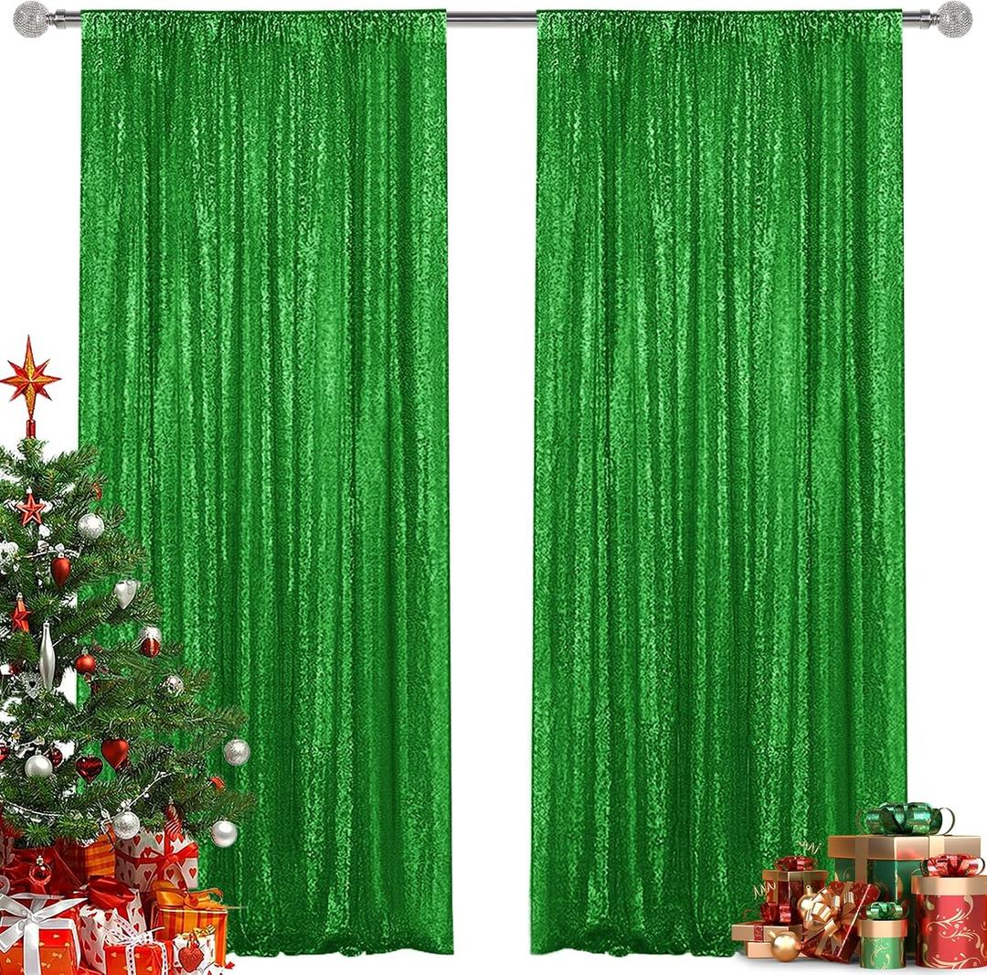 Green Sequin Backdrop Curtain 2 Pieces 2FTx8FT Glitter Photography Backdrop for Party Wedding Birthday Christmas Decorations