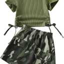 Girls' 2-Piece Skirt Set Round Neck Drawstring Double Cropped T-Shirts and Camouflage Skirt Outfits (6-7 Years, Green)