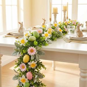 6ft Easter Spring Garland with Flowers, Colorful Eggs & Berries Buds- Vibrant Faux PE Decor for Mantle, Staircase, Table