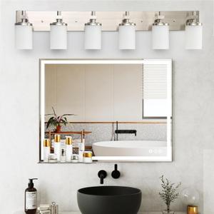 LOUSACE Bathroom Lighting Fixtures Over Mirror Brushed Nickel 6 Light Bathroom Vanity Lights with Opal White Glass Shades, Modern Vanity Wall Sconces Fixture for Bedroom Living Room