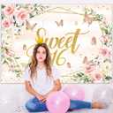 Avezano Sweet 16 Backdrop Blush Pink Flower Butterfly 16th Birthday Party Background for Girls Sweet 16 Birthday Banner Cake Table Cake Dessert Table Decorations (Pink, 7x5 ft)