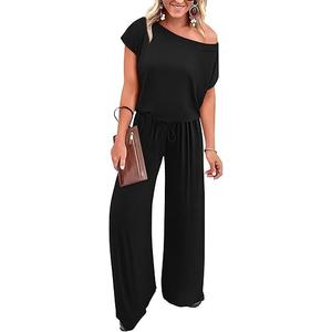 KIRUNDO Womens Jumpsuit 2025 Casual Summer Loose One Piece Off Shoulder Elastic Waist Wide Leg Long Romper with Pockets XL, Black