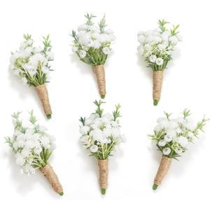 Natural White Boutonnieres for Men Wedding, White Baby's Breath & Green Rosemary Boutonniere with Pins, Groom and Groomsmen Boutonniere for Rustic Fall Vintage Wedding, Prom and Homecoming