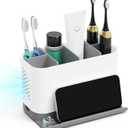 Toothbrush Holders for Bathrooms, Adjustable 6 Slots Electric Toothbrush and Toothpaste Holder, Cord-Friendly Detachable Bathroom Countertop Organizer with Front Ledge for Phone and Ring Holder (Grey and White)