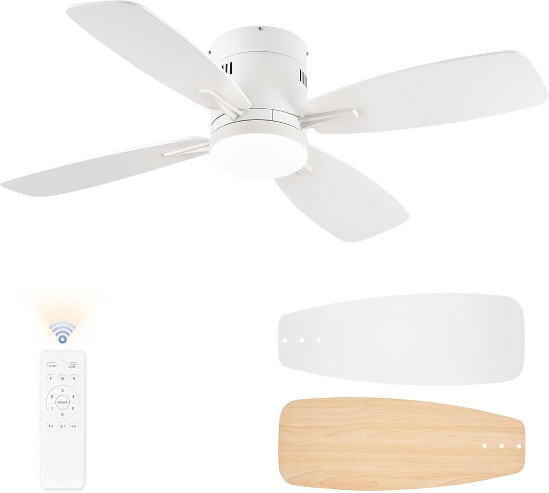 LEDIARY 42 inch Ceiling Fans with Lights and Remote Control,Flush Mount Ceiling Fan with Quiet Reversible DC Motor,White Modern Low Profile Ceiling Fan with Light for Bedroom Living Room Patio