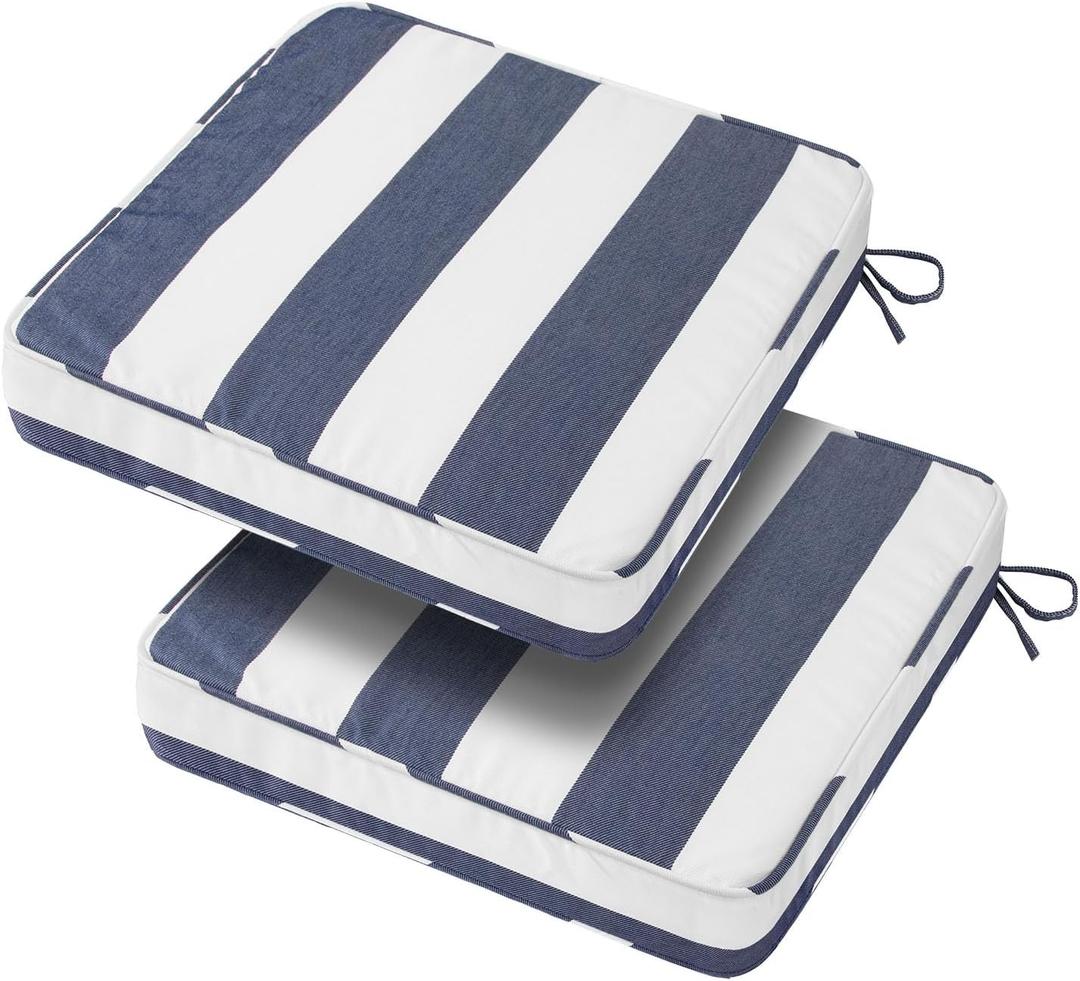 18x18x3 Inch Outdoor Square Corner Chair Cushions with Ties Set of 2, Water&Fade Resistant Thick Seat Cushion Pads for Garden Patio Dining Porch Furniture - Navy White Striped