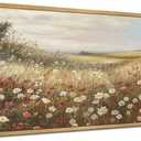 KUVIOKE Vintage Landscape Framed Wall Art 20x40in Large Grassland Meadow Wildflower Field Wall Prints Classic Retro Farmhouse Rustic Decorations for Living Room Bedroom (Natural Framed) (40L" x 20W")