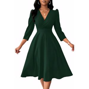 Nmoder Women Casual Midi Semi Formal Fit and Flare 3/4 Sleeve A-line Wrap Empire Waist Dress for Church Work Wedding Guest Cocktail Dresses Green 2XL