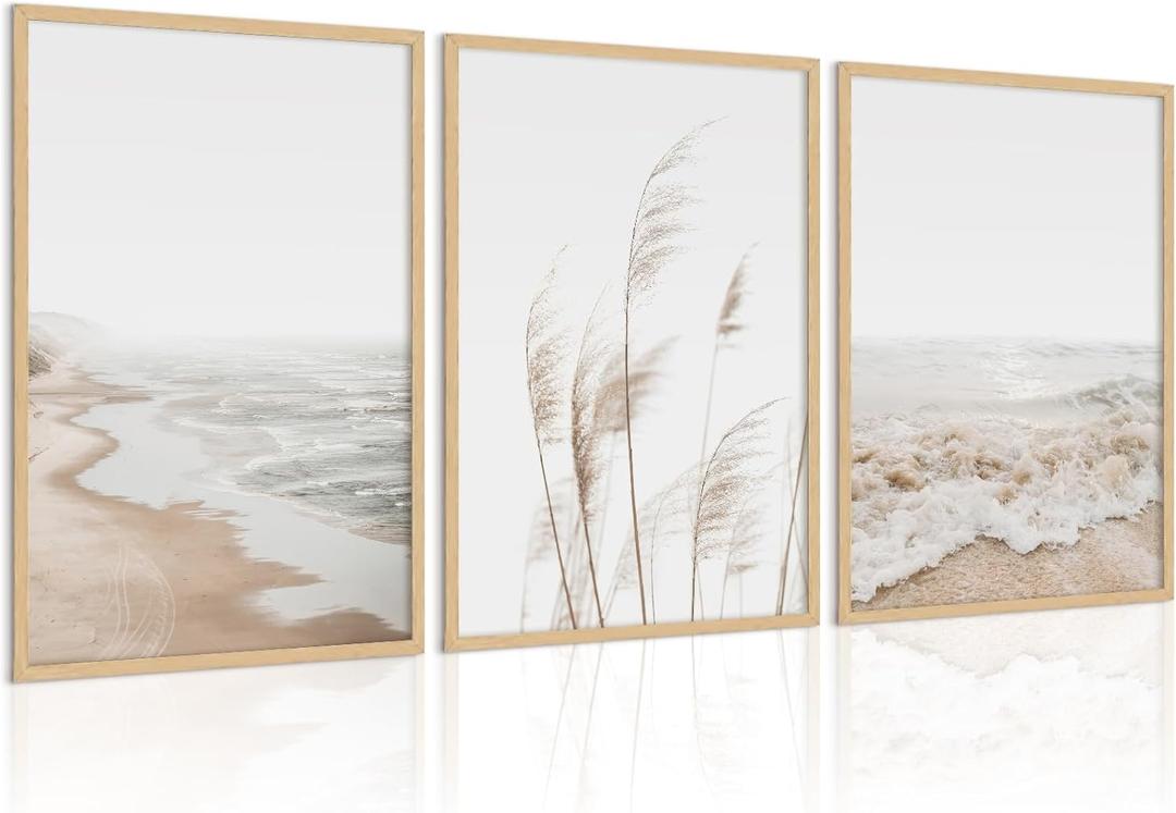 Beach Wall Art Boho Prints Coastal Canvas Wall Art Decor Beach Pictures Pampas Grass Ocean Poster Plant Landscape Scene Artwork for Living Room Bedroom 16x24 Inch Unframed Set of 3
