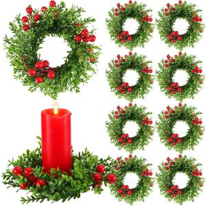 8 Pcs Christmas Pillar Candle Rings 2 Inch Center Small Xmas Kitchen Cabinet Wreath 6 Inch Mini Artificial Boxwood Berry Wreath Bulk for Holiday Table Centerpiece Window Door Wall Chair Decor