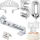 50th Birthday Decorations for Women Silver with 50th Birthday Sash and Crown, Cake Topper and Candles, Silver Number Balloons, 50 Year Old Gifts for Women