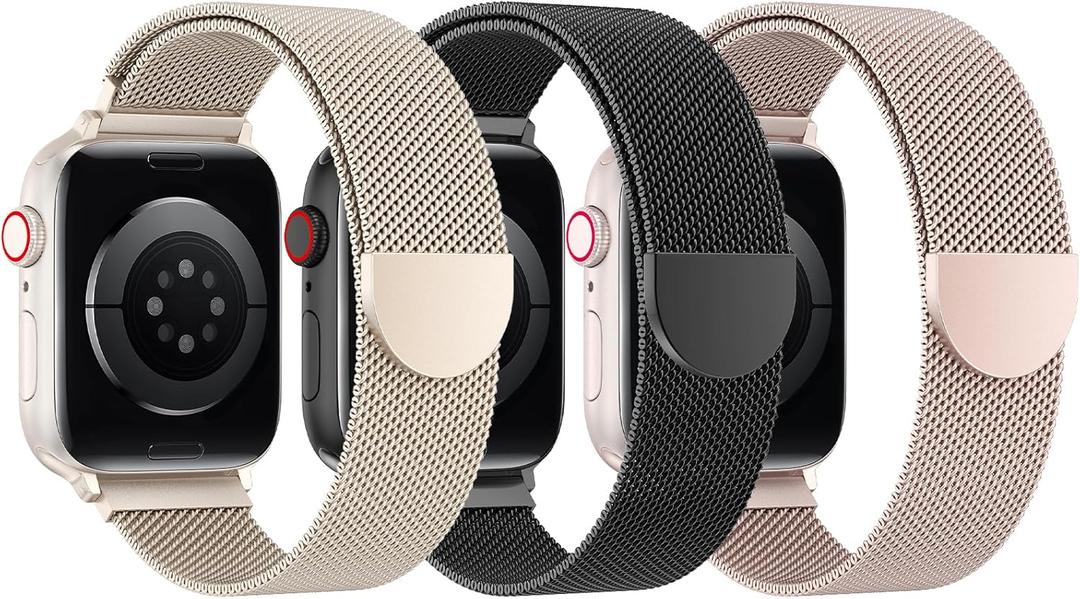 BELONGME 3 Pack Mesh Loop Compatible with Apple Watch Bands for Women Men 40mm 41mm 38mm 42mm 44mm 45mm 49mm 46mm Series 11 10 9 8 7 6 5 4 Ultra3 SE3 2, Stainless Steel Metal Magnetic Strap for iWatch (Starlight+Black+Rose Gold)