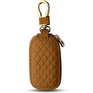 Car Key Case, Genuine Leather Remote Key Fob Cover, Keychain Holder with Metal Hook, Universal Vehicle Keyring Zipper Bag (Brown)