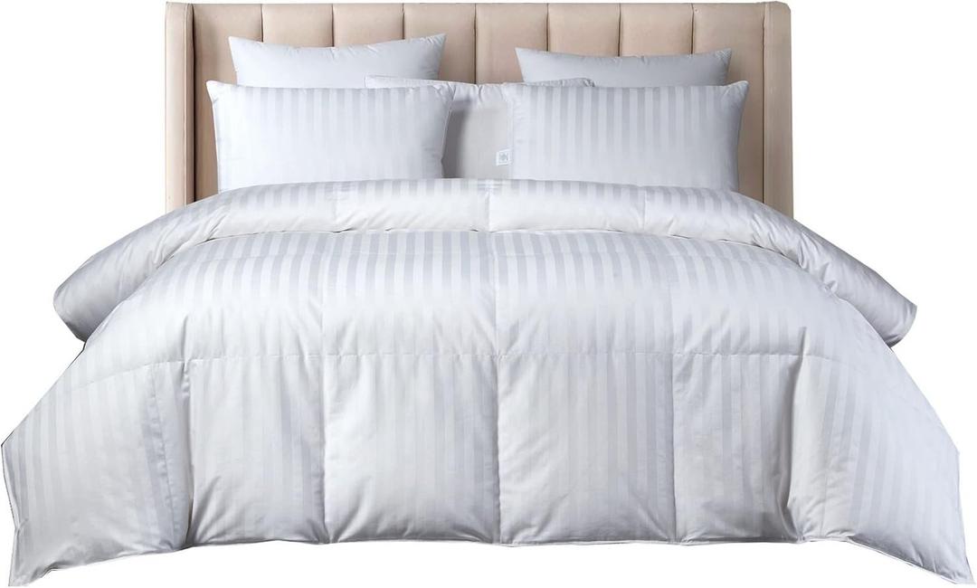 Beautyrest US Grown Cotton All Seasons Warmth Exceptional Hungarian White Goose Down Comforter Queen Size-750 Fill Power 500TC Damask Stripe Fabric