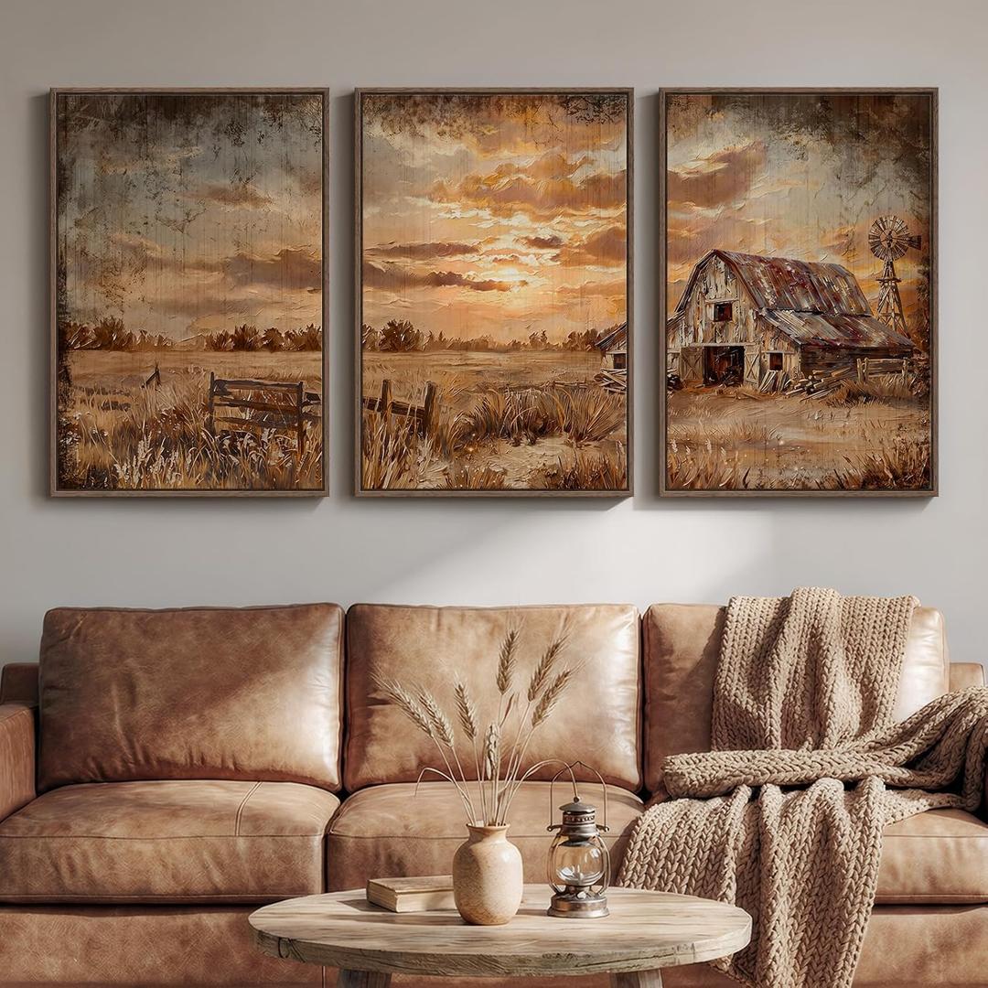 Large Farmhouse Landscape Wall Art for Living Room, Set of 3 20x30 In, Brown