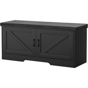HOMSHO 2-Tier Storage Bench, 39.4" Wide Shoe Bench with Padded Seat Cushion, Entryway Bench with 2 Barn Doors and Adjustable Shelf, Black