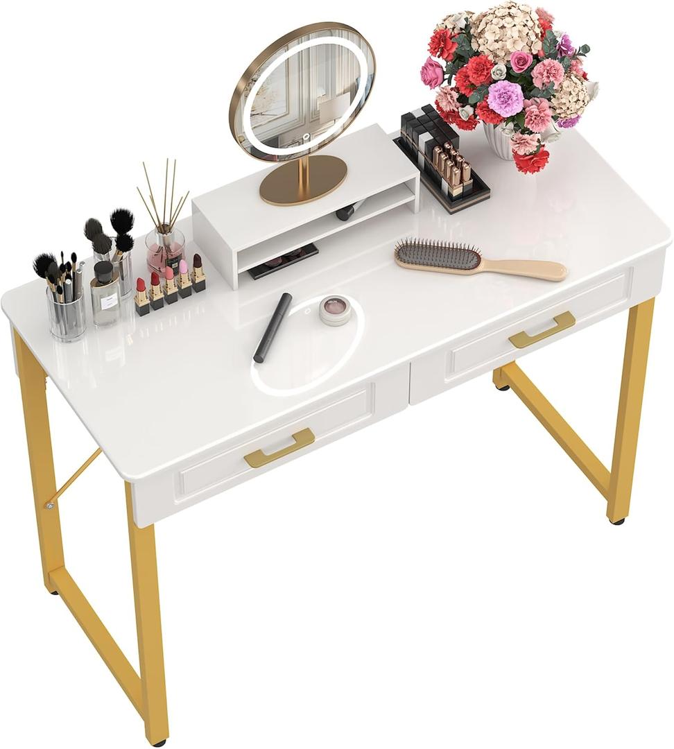 WESTREE Vanity Desk with 2 Drawers and Storage Shelf, Modern Makeup Table with Glossy Desktop, Gold Metal Frame Writing Desk for Bedroom or Home Office, No Mirror (40 Inch, White)