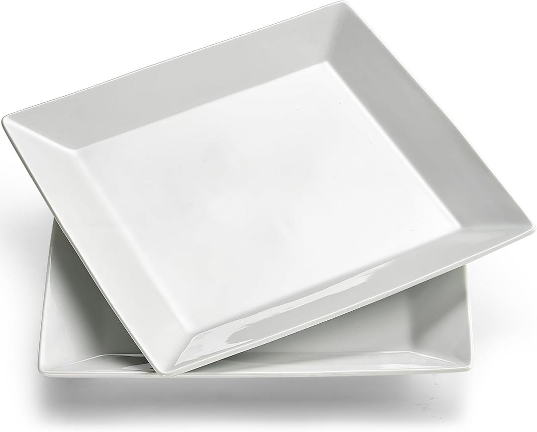 10.6" Porcelain Dinner Plate, Simply White Square Serving Plate for Salad, Steak, Pasta, Snacks, Restaurant, Party, Chip and Scratch Resistant, Microwave and Dishwasher Safe, Set of 2