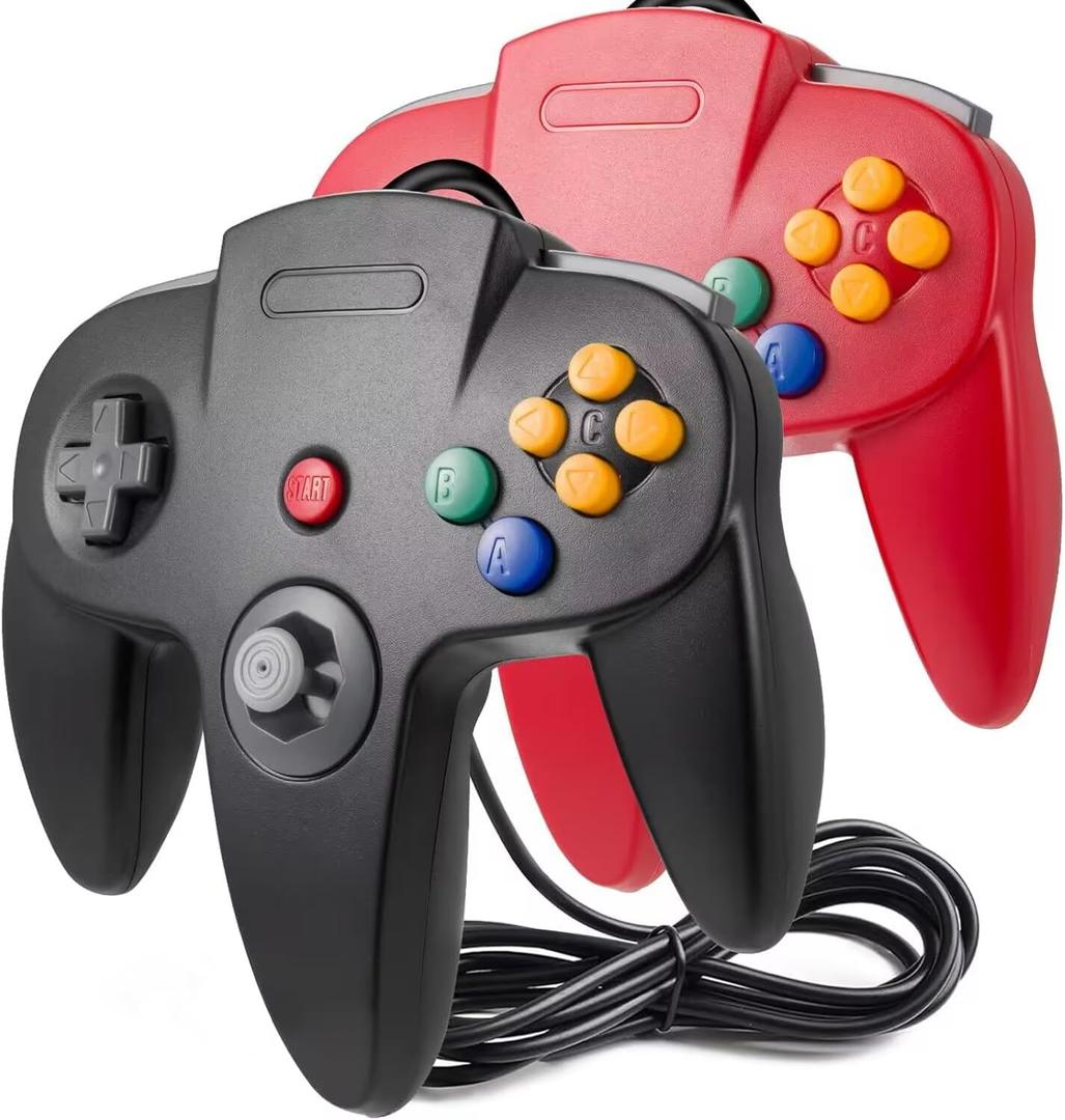 2 Pack Classic N64 Controller, suily N64 Wired USB PC Game pad Joystick, N64 Bit USB Wired Game Stick Joy pad Controller for Windows PC MAC Linux Raspberry Pi 3 Sega Genesis (Black/Red)