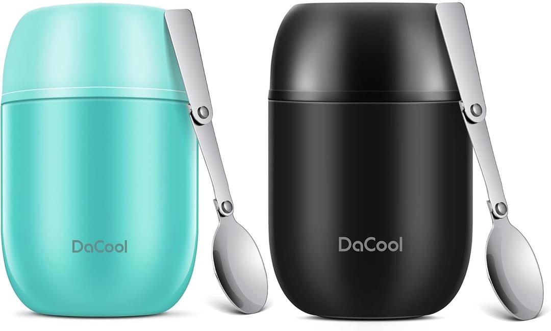 DaCool 2 Pack Food Thermo for Hot Food 16 OZ Insulated Food Jar Kids Adult Vacuum Stainless Steel Lunch Thermo Insulated Lunch Container for School Office Picnic Travel Outdoors,Black+Cyan Blue