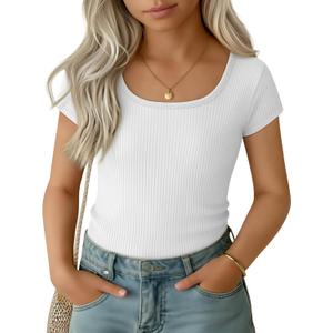 Oakgarden Girls Cap Sleeve T-Shirts Kids Ribbed Knit U-Neck Tops Fitted Short Sleeve Shirts Cute Summer Basic Tees 11-12 Years (White)