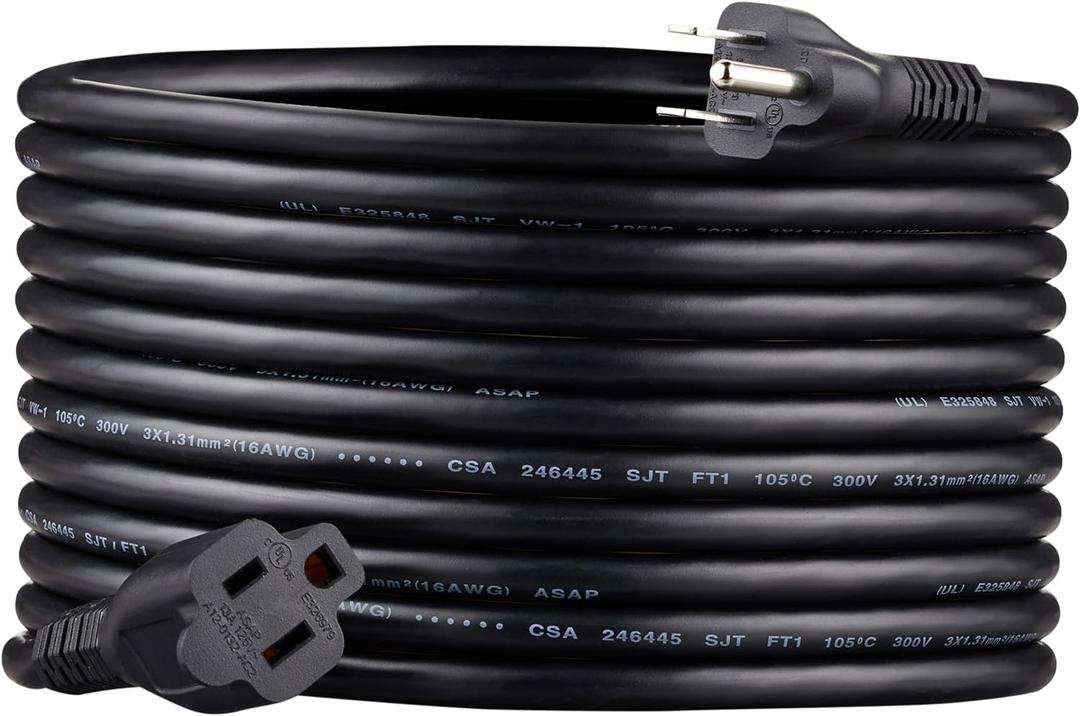 Amazon Basics Extension Cord, 20 Ft, 3 Prong Outlet Extender, Indoor, 13 Amps, 125V, 16 AWG, Black