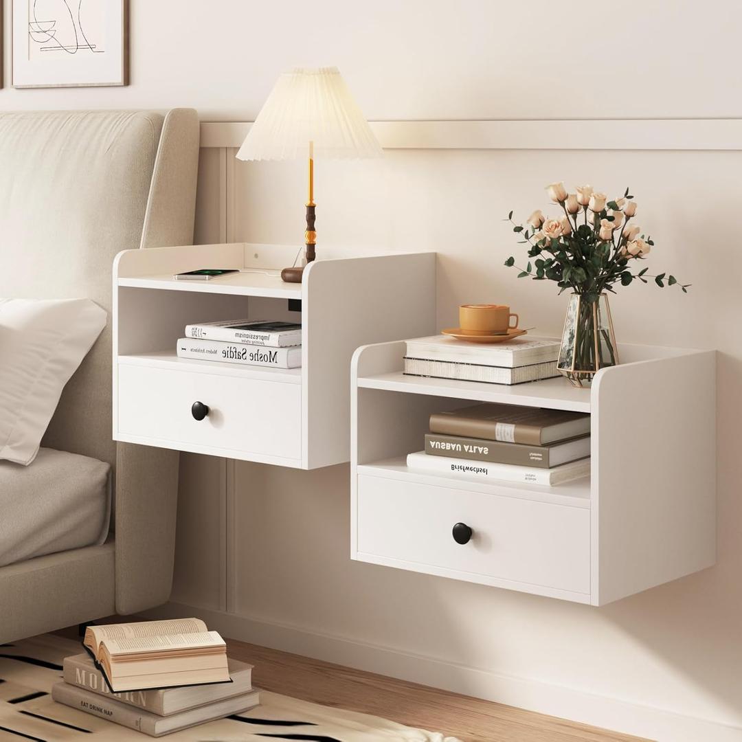 Floating Nightstand Set of 2 Modern Night Stands with Drawer and Open Shelf Cubby Small Bedside End Table with Charging Station Wall Mounted Nightstands Set 2 for Bedroom White (White)