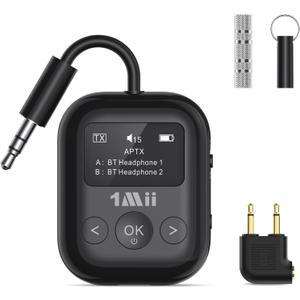1Mii Safefly Min+ Bluetooth Transmitter and Receiver for Airplane/TV to 2 Bluetooth Headphones, 3.5mm Aux Wireless Audio Adapter with Screen for AirPods, Flight, Gym, Car/Home Stereo, Travel (Black)