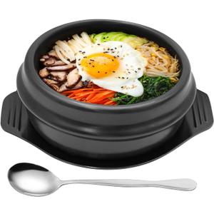 Laffoonparts Korean Stone Pot Set with Tray , Ceramic Bowl for Bibimbap and Soup, No Lid (1100 ML (37 OZ))